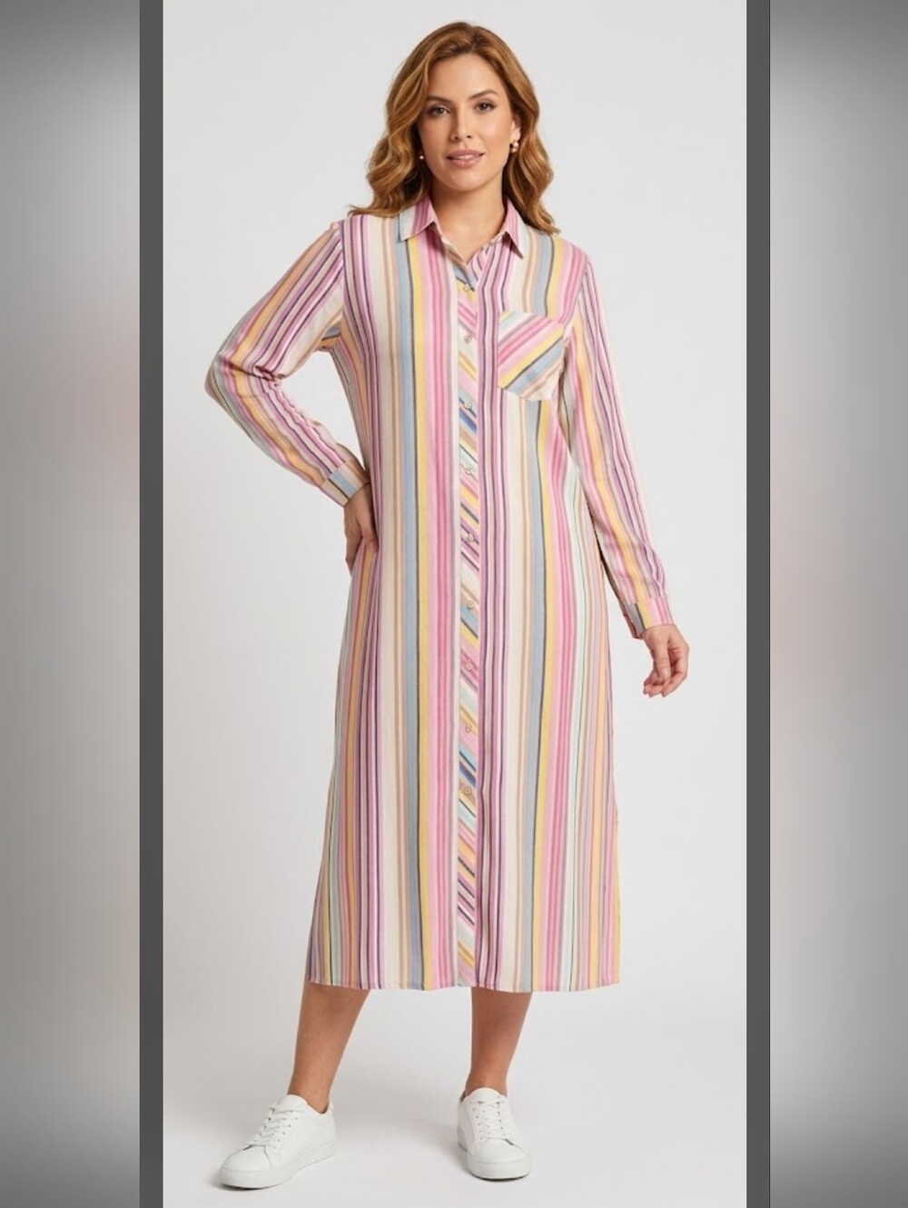 Velzera Striped Collared Shirt Dress Button Down Size Medium Midi Long sleeve